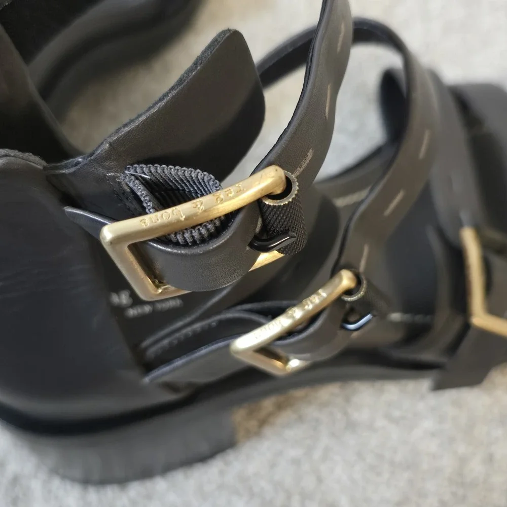 Rag & Bone Fallon Metal Gray Leather Block‎ Heel Straps Sandals Sz 38.5 US 8.5